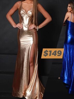 Metallic Gold Plunge Neck Prom Gown with High Slit